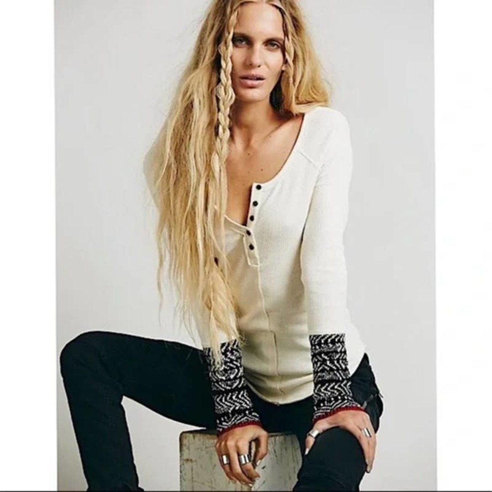 Free People Cream Long Sleeve Tee with Black Patterned Cuffs - Picture 8 of 8